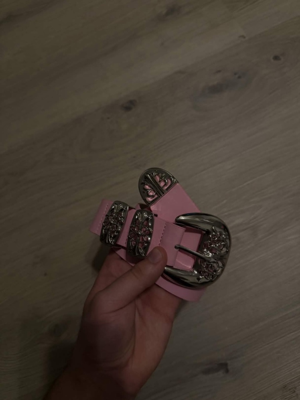 Chrome Hearts Pink Western-Style Women's Belt with Embossed Silver Buckle